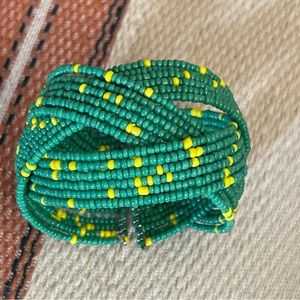 Vintage Green Seed Bead Bangle 8” Flexible 1.5” Wide
